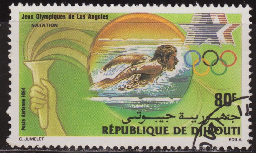 Djibouti 1984 Scott C202 Sello * Summer Olympics Los Angeles Swimming Natation 80F Correo Aereo